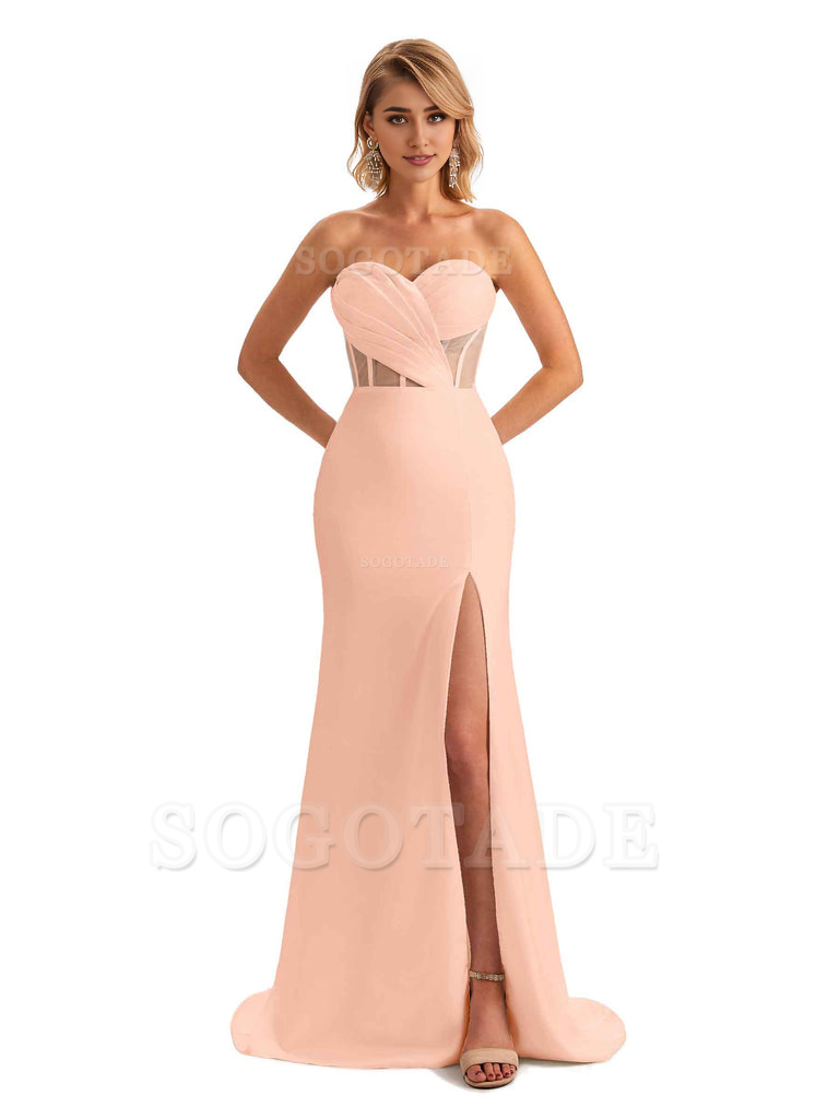 Sexy Sweetheart Strapless Side Slit Mermaid Soft Satin Unique Long Bridesmaid Dress For Wedding