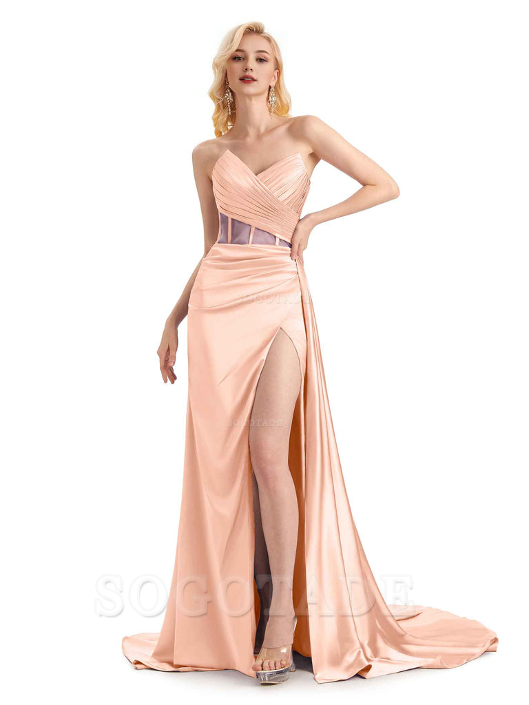Sexy Soft Satin Side Slit See Through Floor-Length Long Mermaid Bridesmaid Dresses prom shop dresses