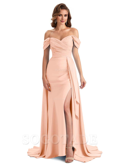 Sexy Side Slit Mermaid Soft Satin Off The Shoulder Long Unique Bridesmaid Dresses prom dress in store