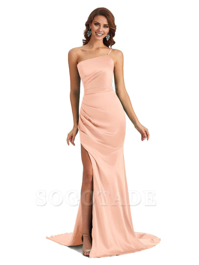 Sexy Silky Satin Side Slit One Shoulder Unique Long Wedding Guest Maxi Dresses