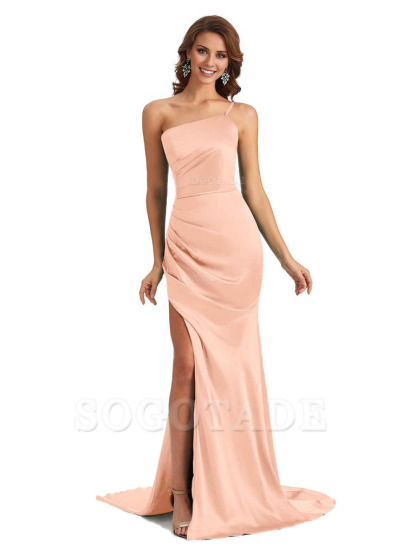 Sexy Silky Satin Side Slit One Shoulder Unique Long Wedding Guest Maxi Dresses