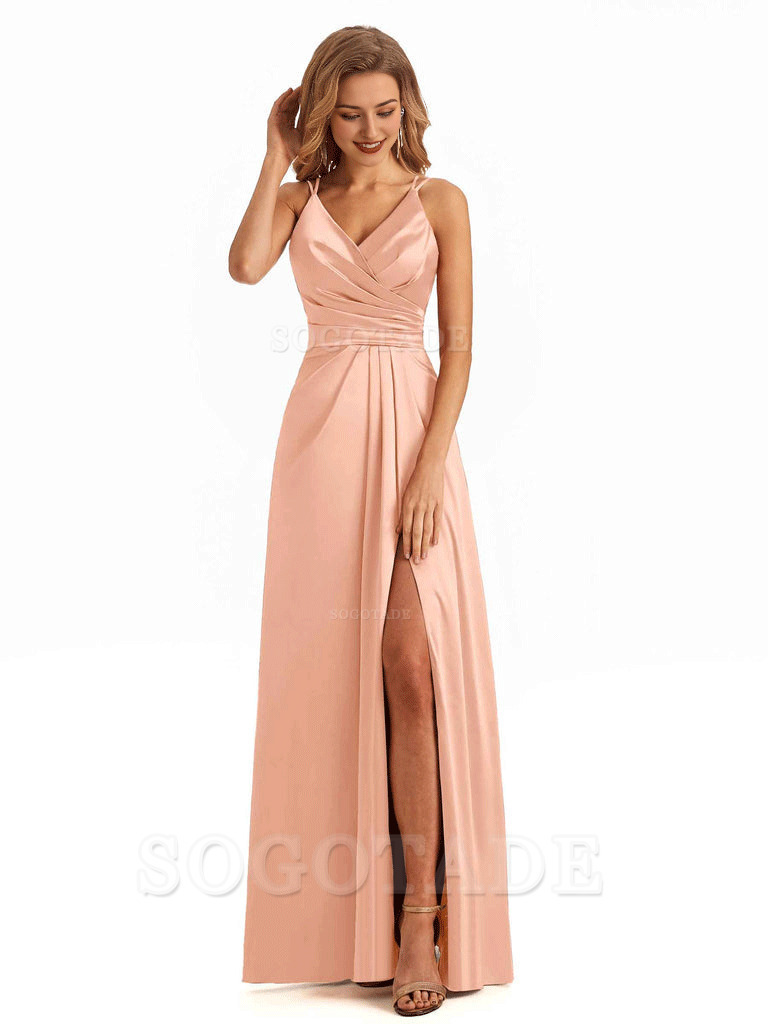 Soft Satin A-Line Spaghetti Straps V Neck Side Slit Maxi Long Bridesmaid Dresses