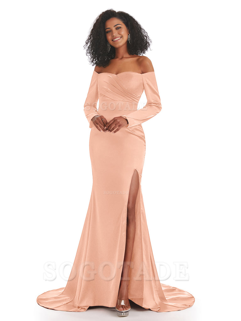 Mermaid Long Sleeve Satin formal dresses evening gown Bridesmaid Dresses With Side Slit 