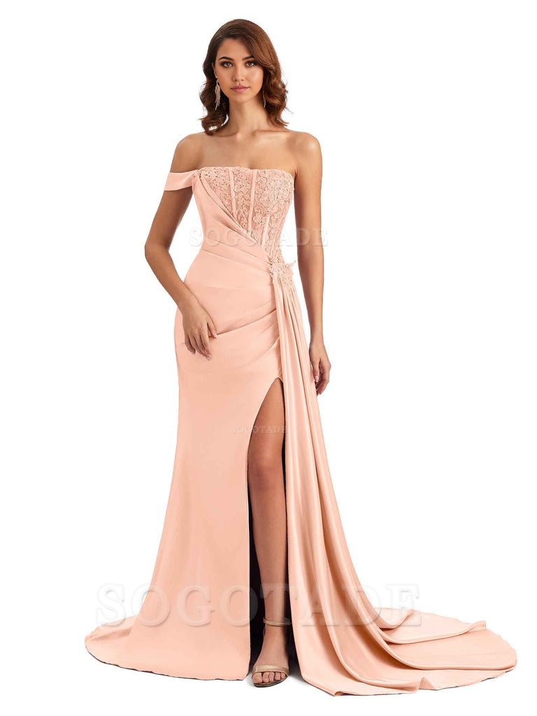 Mermaid Off Shoulder Applique formal dresses evening gown Bridesmaid Dresses With Side Slit 