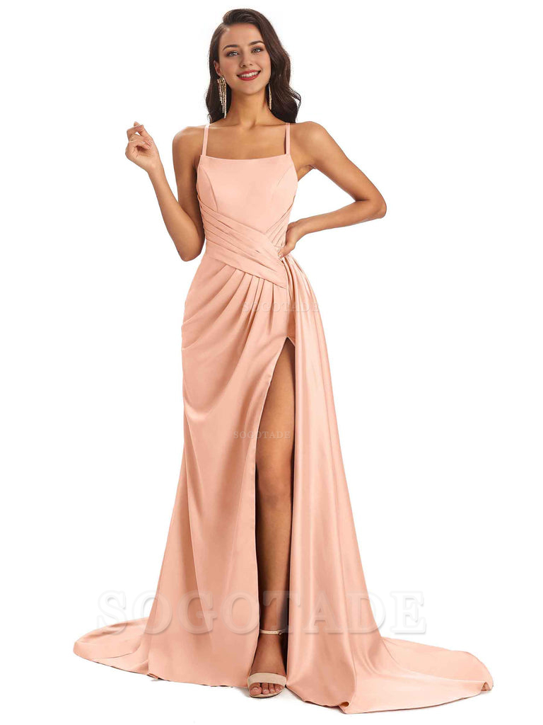 Sexy Soft Satin Side Slit Spaghetti Straps Long Maxi Bridesmaid Dresses prom shop dresses