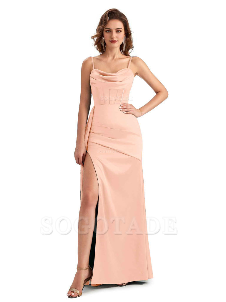 Sexy Side Slit Mermaid Silky Satin Spaghetti Straps Unique Wedding Guest Dresses