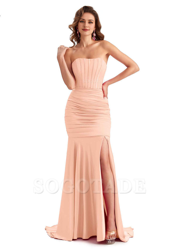 Sexy Strapless Side Slit Mermaid Silky Satin Formal Bridesmaid Dresses