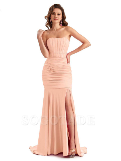 Sexy Strapless Side Slit Mermaid Silky Satin Formal Bridesmaid Dresses