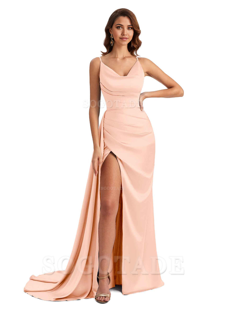 Mermaid Cowl Spaghetti Satin formal dresses evening gown Bridesmaid Dresses With Side Slit