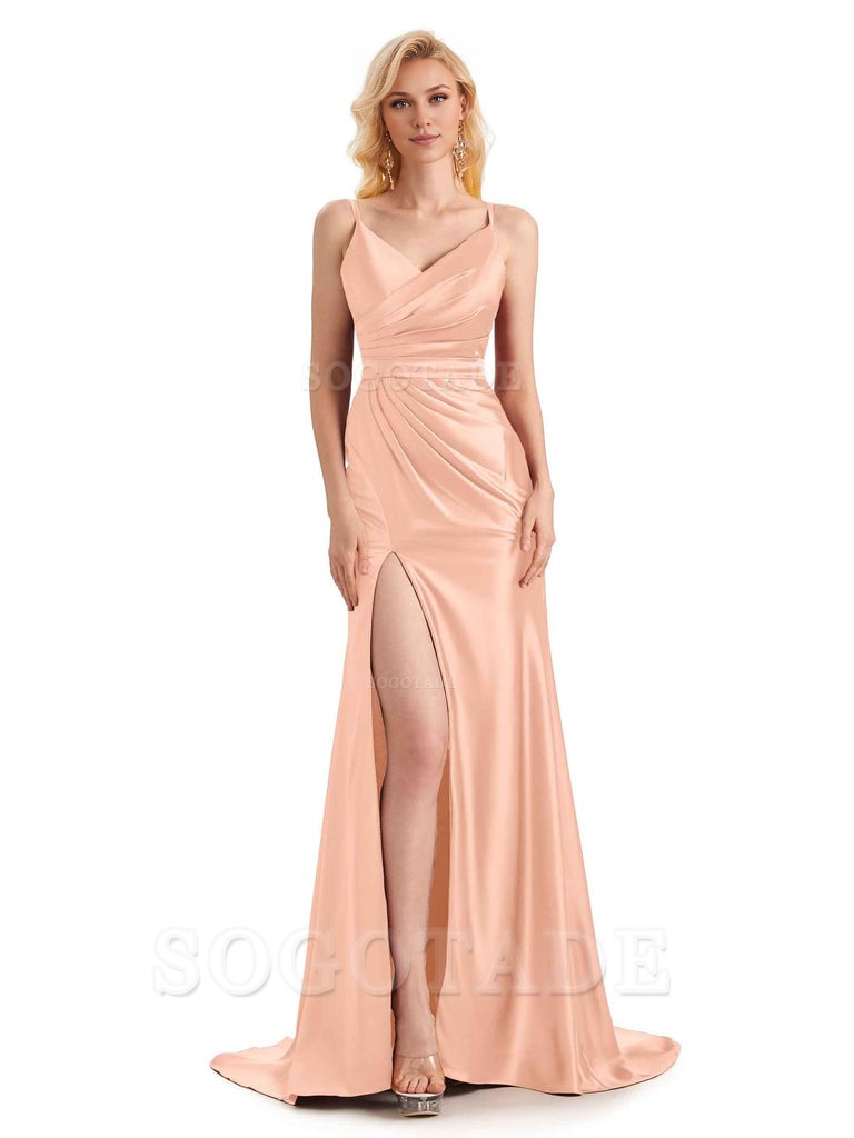 Sexy Charming Side Slit V-Neck Pleated Spaghetti Straps Backless Satin Bridesmaid Dresses Formal Women's Dresses Wedding Guests Dresses