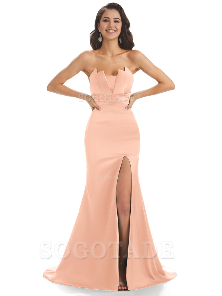 Mermaid sleeveless Satin formal dresses evening gown Bridesmaid Dresses With Side Slit 