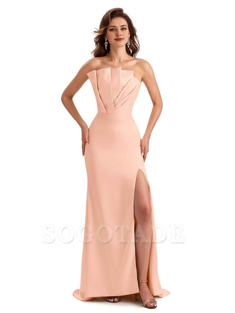 Unique Soft Satin Side Slit Asymmetrical Neckline Mermaid Long Bridesmaid Dresses
