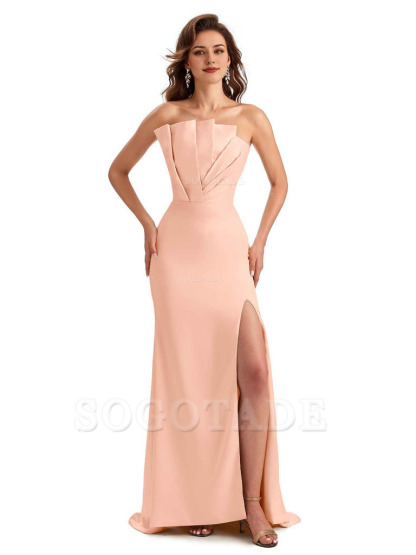 Unique Soft Satin Side Slit Asymmetrical Neckline Mermaid Long Bridesmaid Dresses