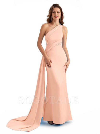 Sexy Mermaid Silky Satin One Shoulder Lace See Through Long Bridesmaid Dresses Online