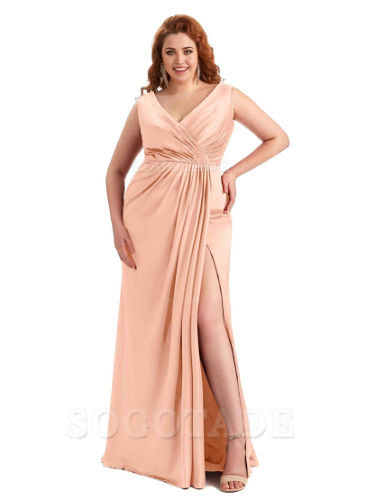 Mermaid V-Neck Satin formal dresses evening gown Bridesmaid Dresses With Side Slit 