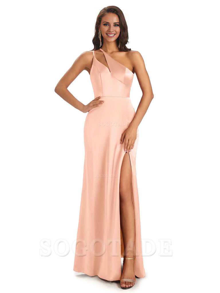Sexy Soft Satin Side Slit One Shoulder Floor-Length Mermaid Long Bridesmaid Dresses Elegant Evening Party Dress