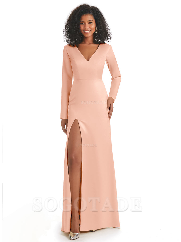 Soft Satin Side Slit Long Sleeves V-Neck Long African Mermaid Bridesmaid Dresses Elegant Evening Party Dress