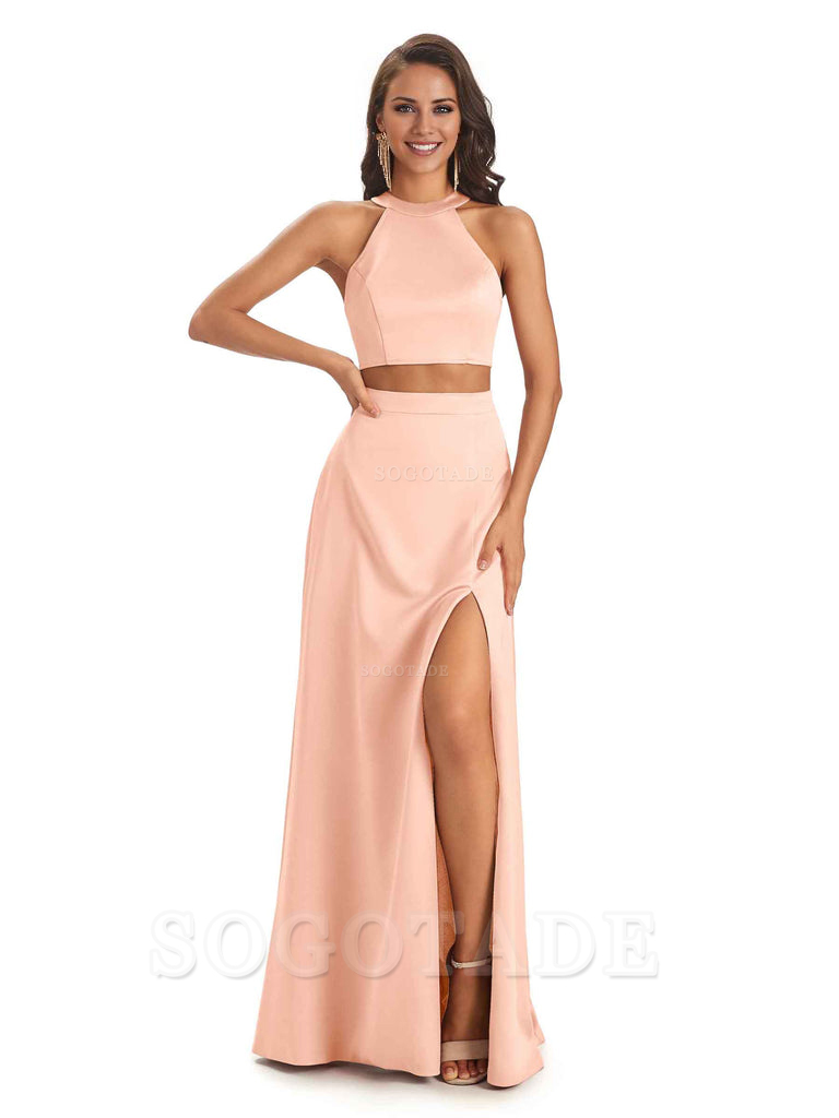 Soft Satin Two-Pieces Halter Side Slit Sexy Fashion Bridesmaid Dresses Charming Evening Party Dress