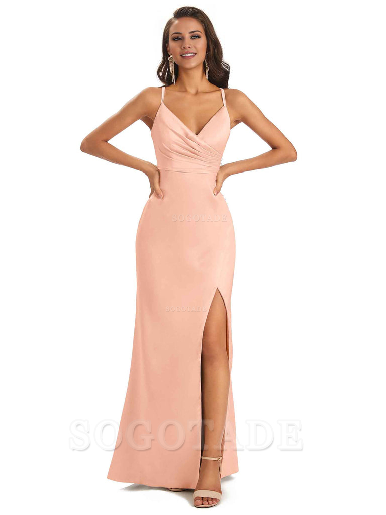 Soft Satin Side Slit Spaghetti Straps Long Unique Mermaid Bridesmaid Dresses Elegant Evening Party Dress