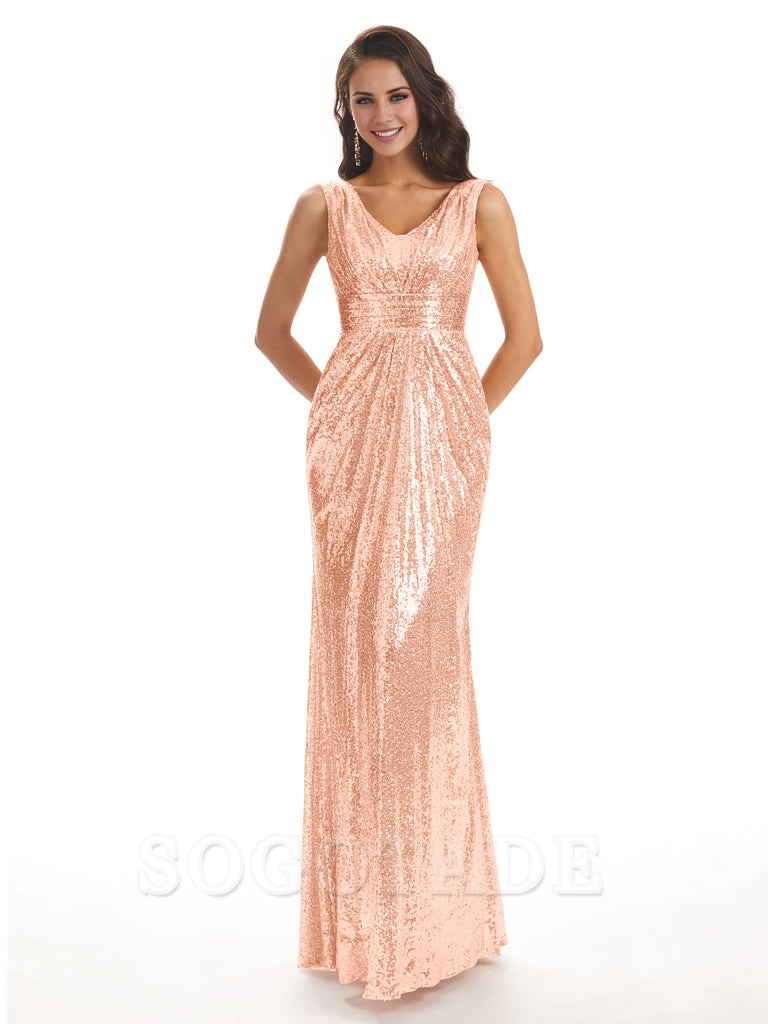 Sparkly V-Neck Sequin Long Mermaid Bridesmaid Dresses Sleeveless Charming Evening Party Dress