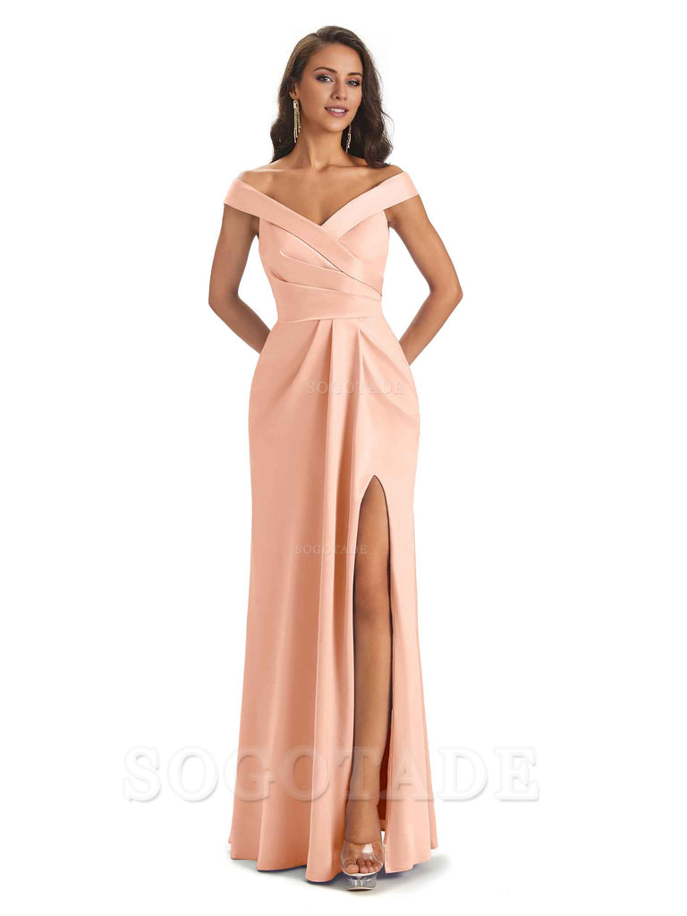 Sexy Soft Side Slit Off Shoulder V-Neck Long Satin Ladies Bridesmaid Dresses Elegant Evening Party Dress