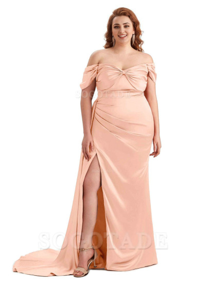  Sexy Side Slit Off The Shoulder Mermaid Soft Satin Long Plus Size Bridesmaid Dress For Wedding