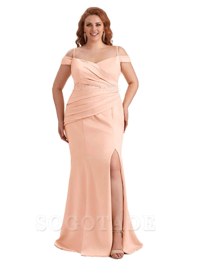 Elegant Cold Shoulder Side Slit Mermaid Soft Satin Long Plus Size Bridesmaid Gowns