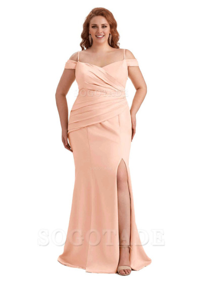 Elegant Cold Shoulder Side Slit Mermaid Soft Satin Long Plus Size Bridesmaid Gowns