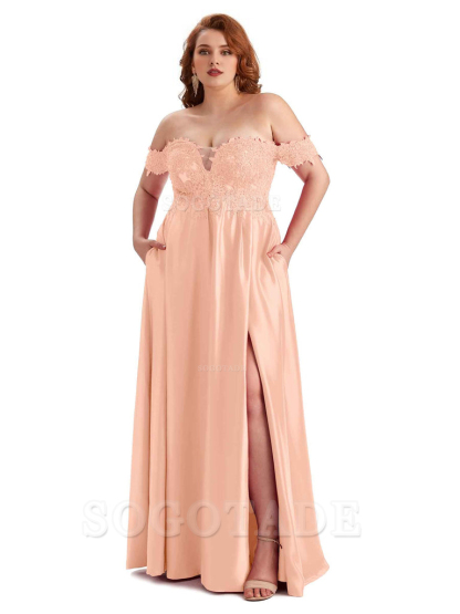 Off Shoulder Side Slit Lace Soft Satin Long Plus Size Bridesmaid Dresses For Wedding