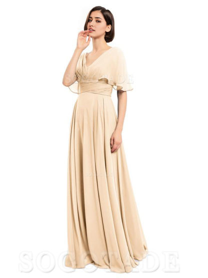  V-Neck Cap Sleeves Sleeves Chiffon Long Elegant Bridesmaid Dresses Formal Wear Dresses