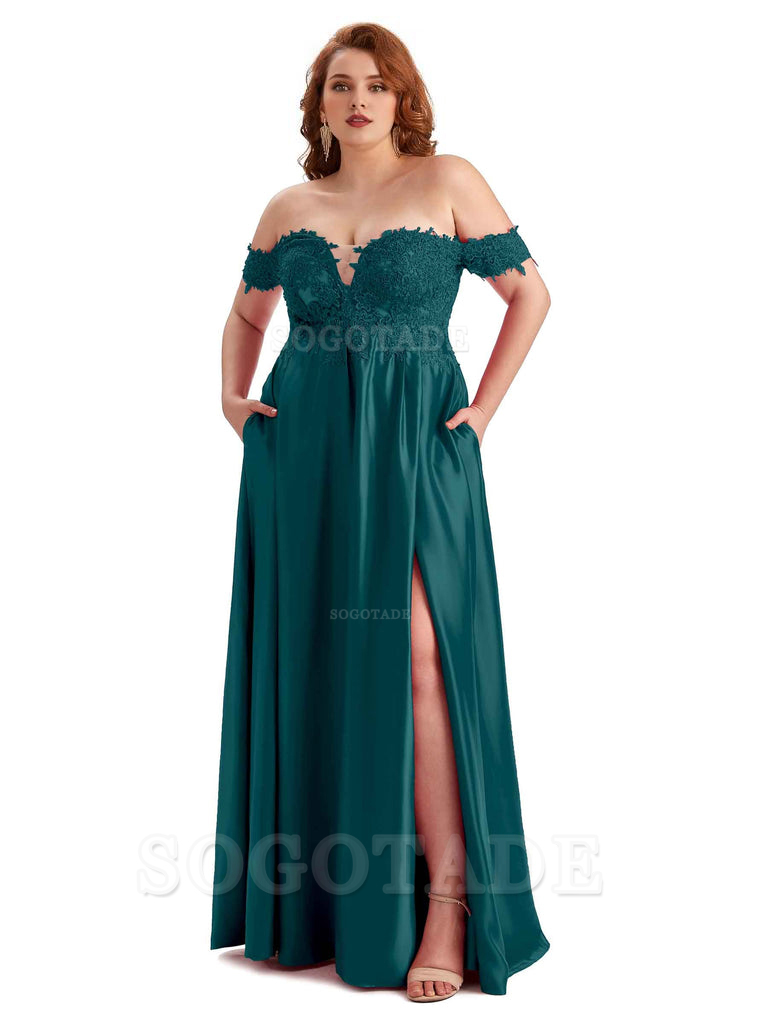 Off Shoulder Side Slit Lace Soft Satin Long Plus Size Bridesmaid Dresses For Wedding