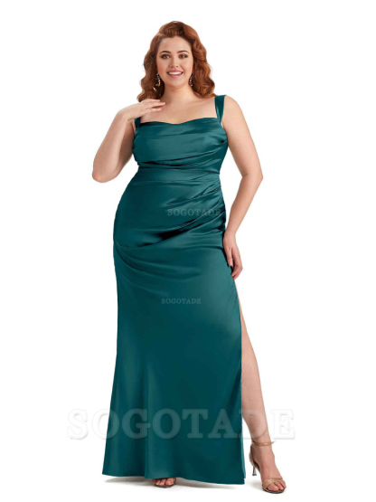 Sexy Side Slit Mermaid Wide Straps Soft Satin Long Plus Size Maid of Bridesmaid Dresses