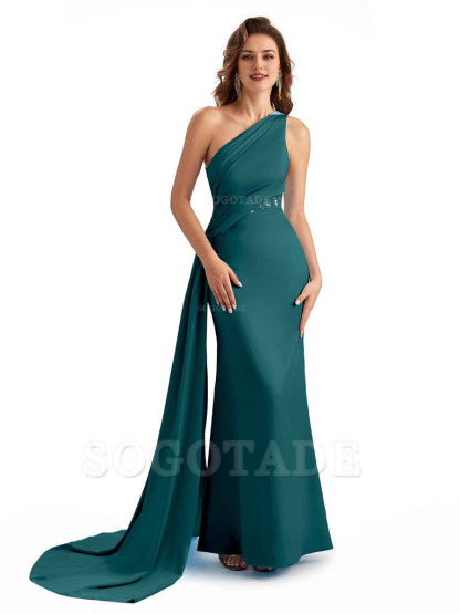 Sexy Mermaid Silky Satin One Shoulder Lace See Through Long Bridesmaid Dresses Online