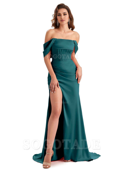 Sexy Side Slit Mermaid Soft Satin Off The Shoulder Unique Long Wedding Attendee Dresses