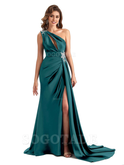 Sexy Side Slit Mermaid Soft Satin One Shoulder Lace Long Modern Bridesmaid Dresses