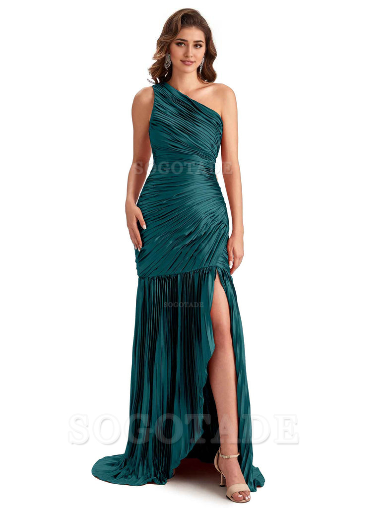 Sexy Side Slit Mermaid Soft Satin One Shoulder Long Ladies Bridesmaid Dresses Online