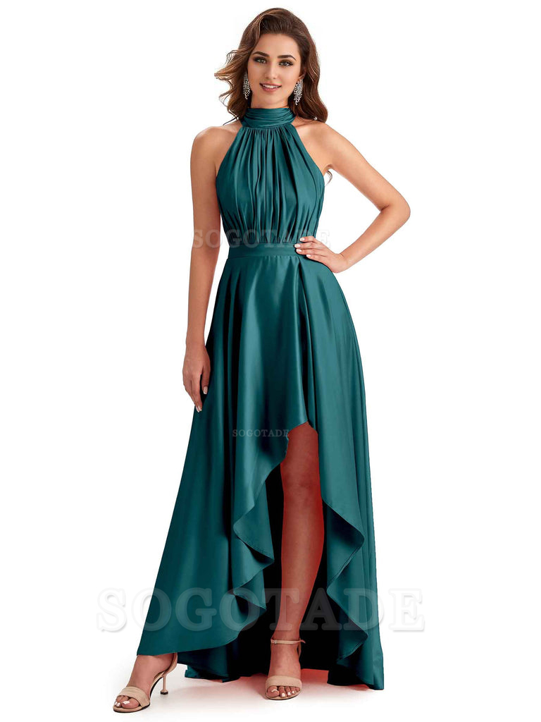 Soft Satin High Neck High Low A-Line Unique Bridesmaid Dresses Online