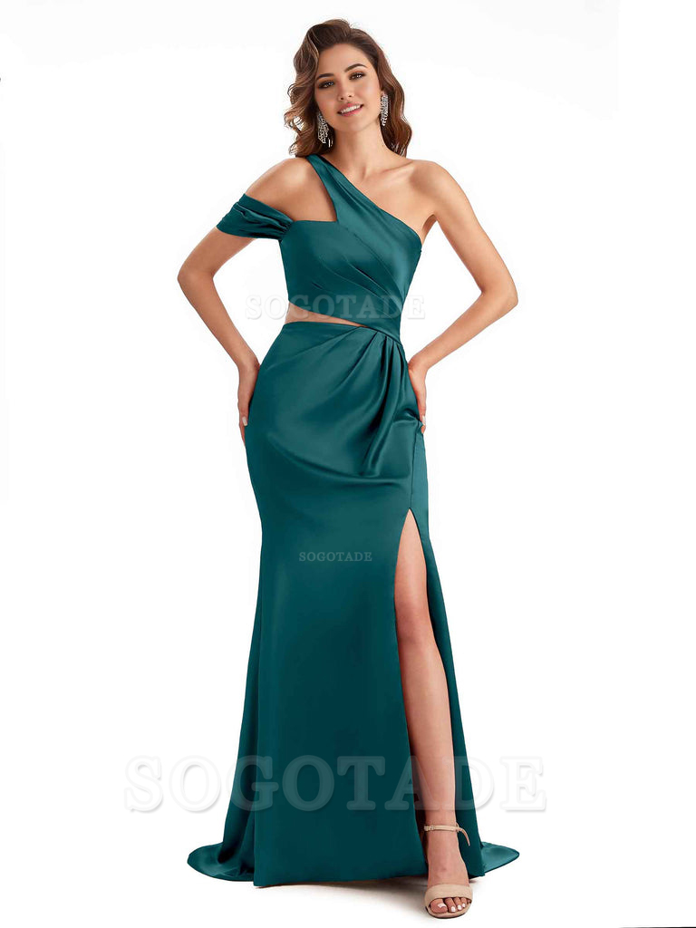 Sexy Side Slit Mermaid Soft Satin One Shoulder Long Unique Bridesmaid Dresses