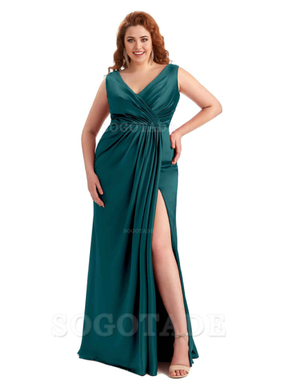 Mermaid V-Neck Satin formal dresses evening gown Bridesmaid Dresses With Side Slit 