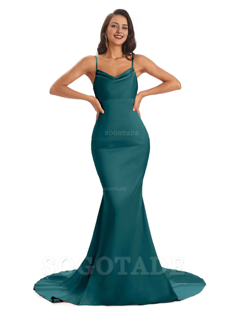 Sexy Backles Soft Satin Spaghetti Straps Maxi Mermaid Bridesmaid Dresses Online prom shop dresses
