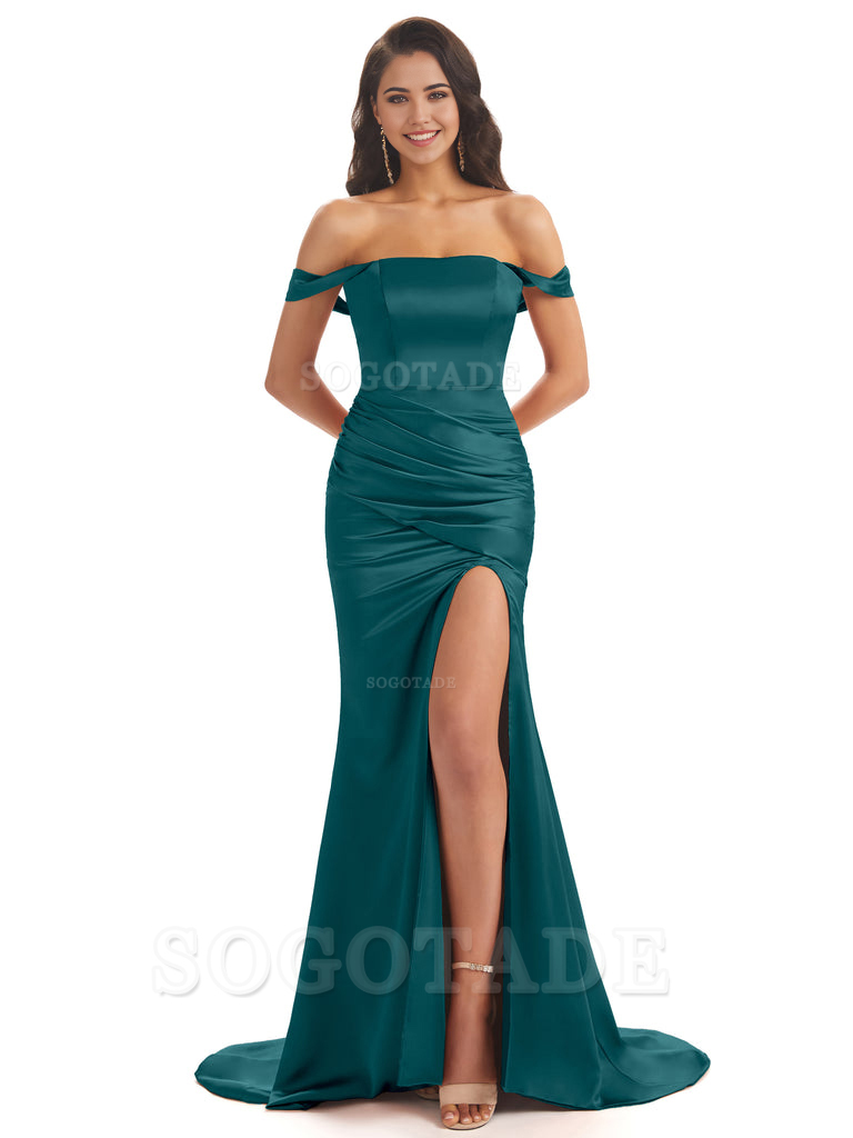 Mermaid Off Shoulder Floor-Length Satin formal dresses evening gown Bridesmaid Dresses With Side Slit 