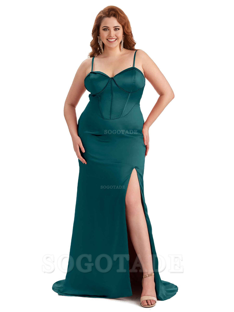 Sexy Spaghetti Straps Side Slit Sleeveless Mermaid Soft Satin Long Bridesmaid Dress Plus Size Dress To Wear to a Wedding