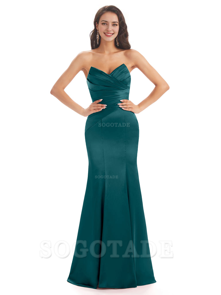 Simple Strapless Sweetheart Soft Satin Mermaid Long Bridesmaid Dresses prom shop dresses
