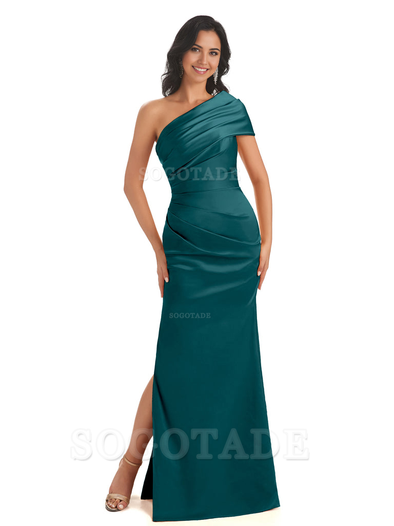Mermaid One Shoulder Satin Long formal dresses evening gown Bridesmaid Dresses With Side Slit 