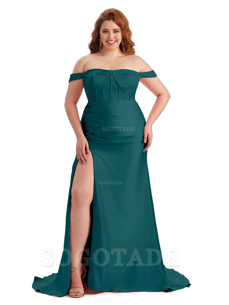 Elegant Off The Shoulder Side Slit Mermaid Soft Satin Floor Length Long Plus Size Bridesmaid Gowns