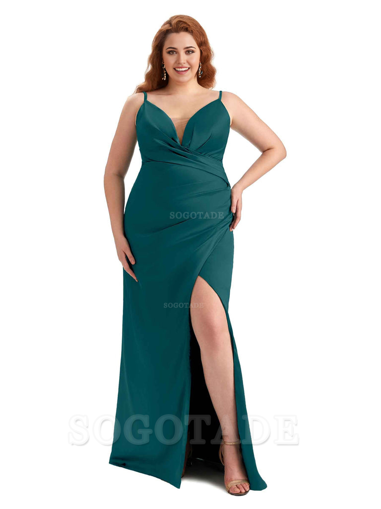 Sexy Side Slit Spaghetti Straps Sleeveless Mermaid V-neck Soft Satin Long Plus Size Bridesmaid Dress For Wedding