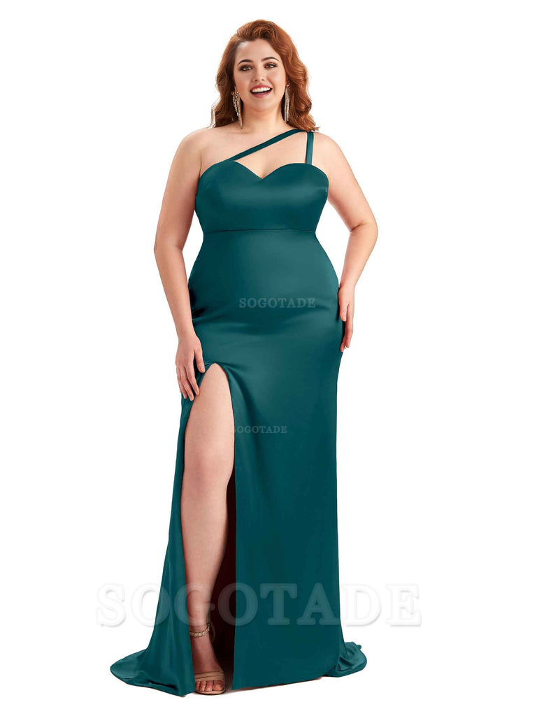 Sexy Side Slit Sleeveless Mermaid One Shoulder Soft Satin Long Plus Size Bridesmaid Dress For Wedding