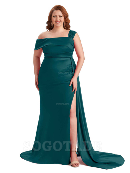 Sexy Side Hight Slit One Shoulder Mermaid Soft Satin Long Plus Size With Train Matron of Honor Dresses
