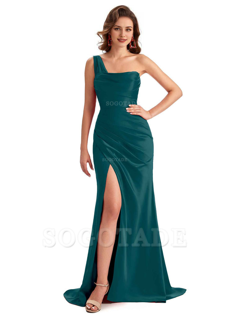 Sexy One Shoulder Side Slit Silky Satin Chic Long Mermaid Trumpet Bridesmaid Dress