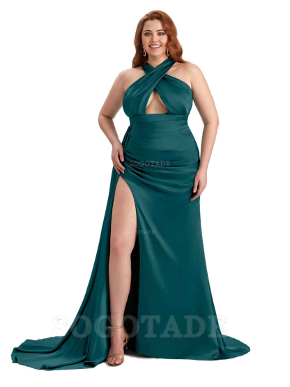 Sexy Halter Side Hight Slit Sleeveless Mermaid Soft Satin Long Plus Size Bridesmaid Dress For Wedding
